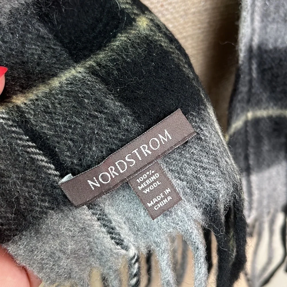 Nordstrom Merino Wool Scarf Plaid Gray Black Gold
70 inches x 12 inches - Picture 2 of 3
